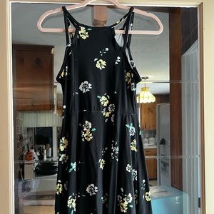 Black dress with yellow and gray flowers
